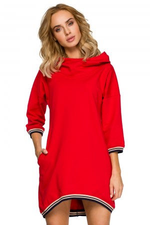 Sukienka sportowa z kapturem i kieszeniami asymetryczna mini czerwona XXL