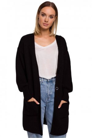 Długi kardigan sweter z kieszeniami i bufiastymi rękawami czarny S/M