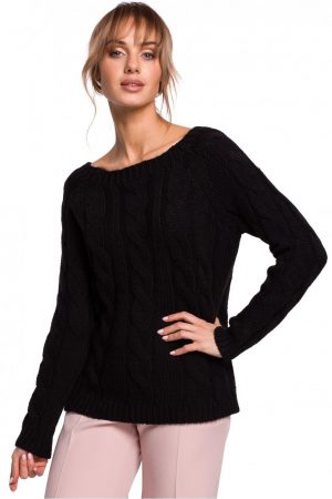 Sweter damski ażurowy ze splotem typu warkocz czarny S/M