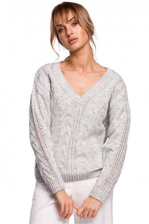 Lekki sweter damski ażurowy z dekoltem V splot w warkocz szary L/XL