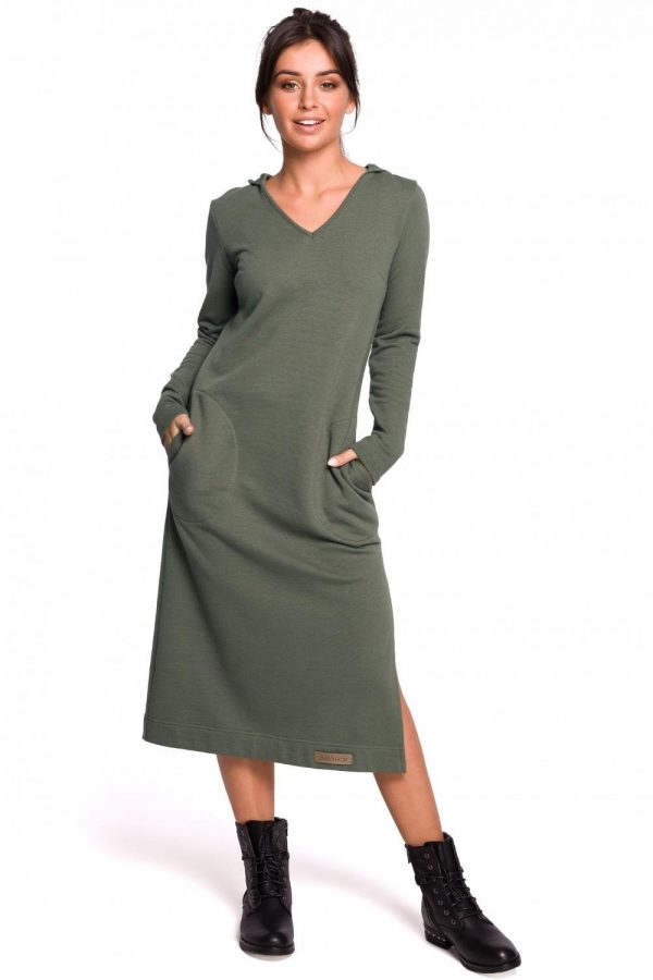 Długa sukienka dresowa z kapturem i dekoltem V bawełniana zielona L