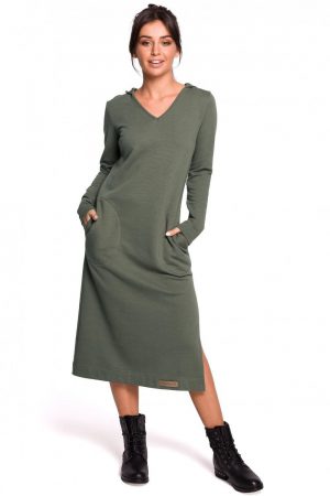 Długa sukienka dresowa z kapturem i dekoltem V bawełniana zielona XXL