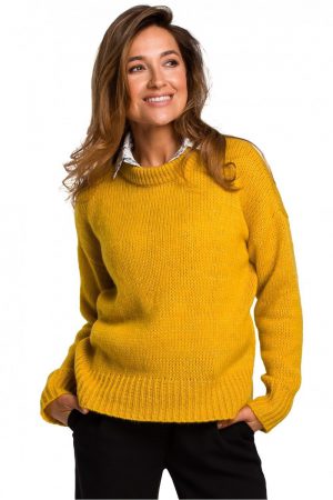 Sweter damski wełniany ciepły krótki z okrągłym dekoltem żółty S/M