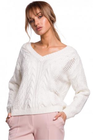 Lekki sweter damski ażurowy z dekoltem V splot w warkocz kremowy L/XL