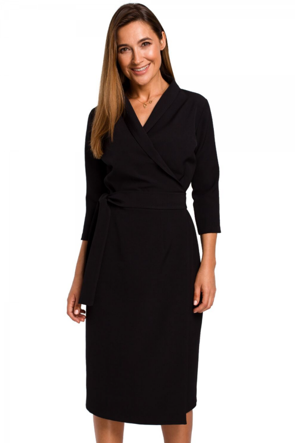 Elegancka sukienka biznesowa kopertowa midi z paskiem w talii czarna S