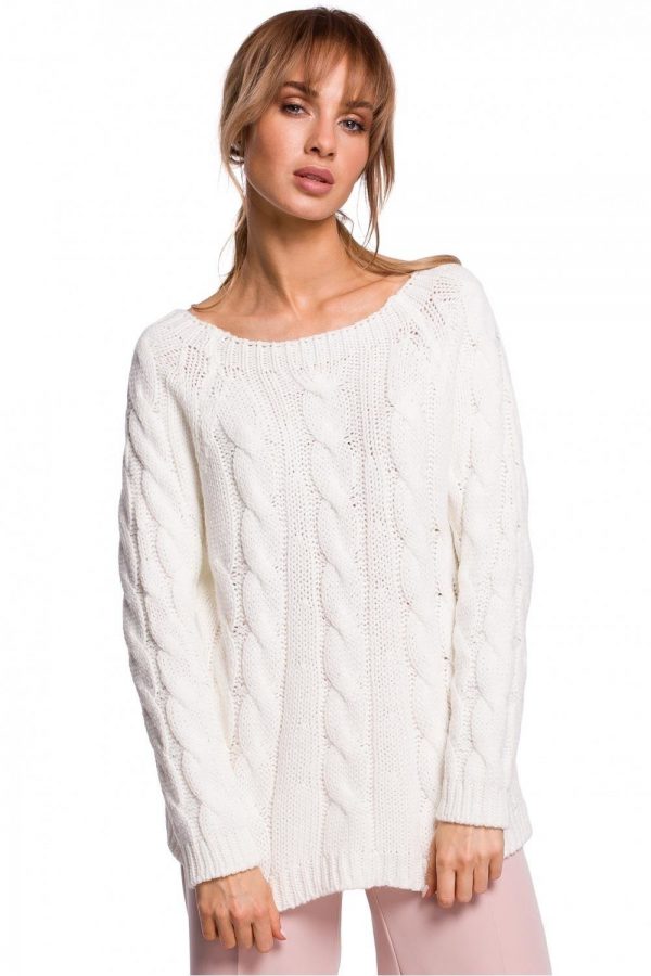 Sweter damski ażurowy ze splotem typu warkocz kremowy L/XL