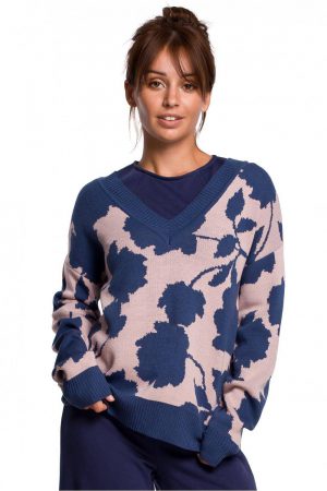 Lekki sweter z dekoltem V i wzorem w kwiaty L/XL