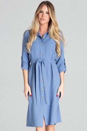 Koszulowa sukienka szmizjerka z podpinanym rękawem 3/4 niebieska XL