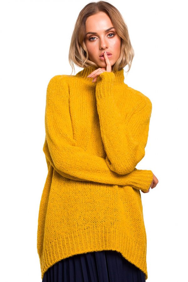 Sweter damski oversize asymetryczny sweter z wełną żólty L/XL