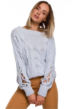 Ciepły sweter z oryginalnym splotem rękawy z rozcięciami błękitny L/XL