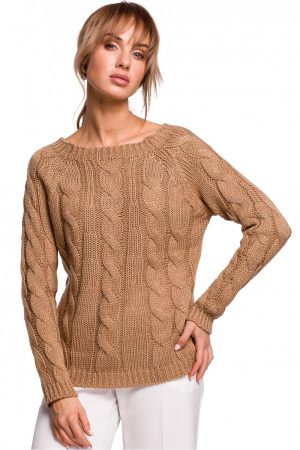 Sweter damski ażurowy ze splotem typu warkocz beżowy L/XL