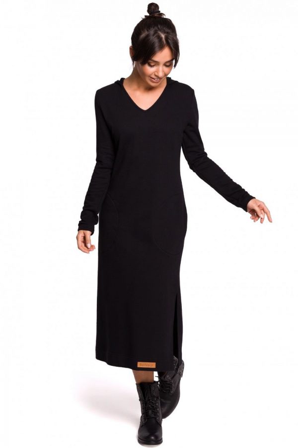 Długa sukienka dresowa z kapturem i dekoltem V bawełniana czarny XXL