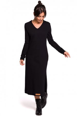 Długa sukienka dresowa z kapturem i dekoltem V bawełniana czarny XL