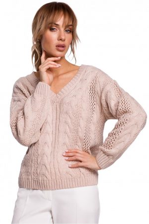 Lekki sweter damski ażurowy z dekoltem V splot w warkocz pudrowy róż L/XL