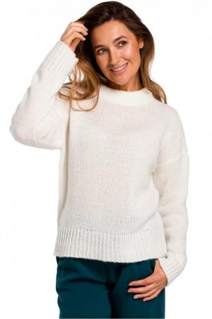 Sweter damski wełniany ciepły krótki z okrągłym dekoltem ecru kremowy S/M