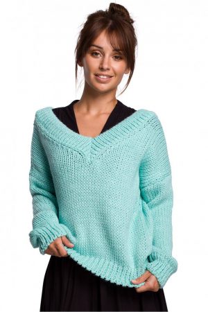 Ciepły sweter z wełną i szerokim dekoltem V L/XL