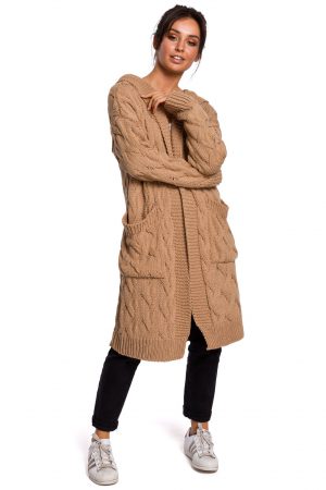 Długi ciepły sweter kardigan z warkoczowym splotem i kieszeniami L/XL