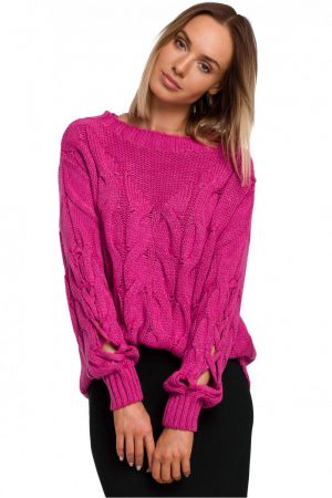Sweter damski splot w warkocz i rękawy z rozcięciami różowy fuksja S/M