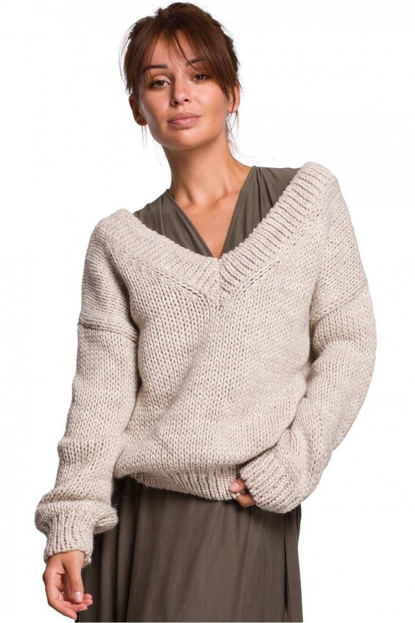 Ciepły sweter z wełną i szerokim dekoltem V L/XL