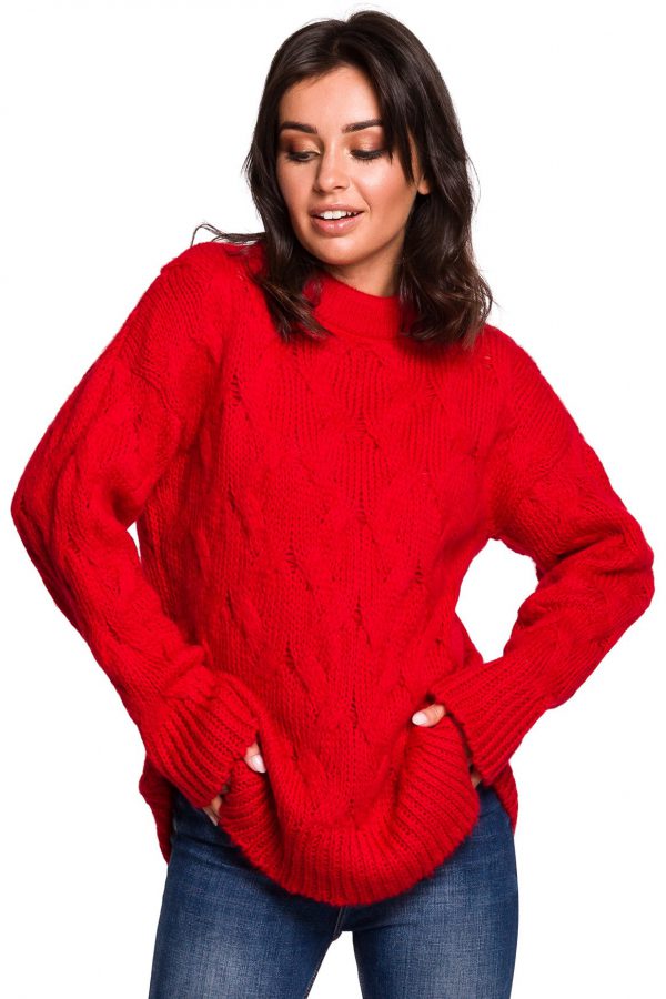 Sweter damski wełniany luźny fason ciepły puszysty czerwony L/XL