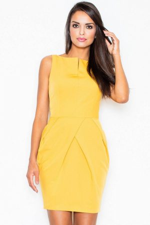 Elegancka sukienka tulipan z efektownymi zakładkami żółta XL