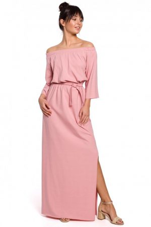 Długa sukienka hiszpanka z odkrytymi ramionami na lato pudrowy róż XL