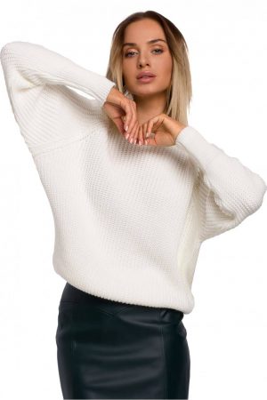 Sweter damski z przędzy ze splotem w prążek reglanowe rękawy kremowy L/XL
