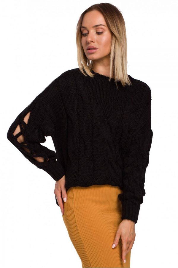 Sweter damski splot w warkocz i rękawy z rozcięciami czarny L/XL