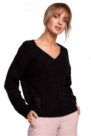 Lekki sweter damski ażurowy z dekoltem V splot w warkocz czarny L/XL