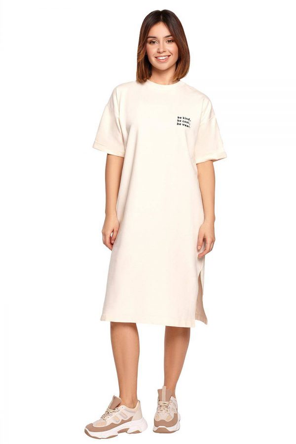 Swobodna shirtowa sukienka midi z krótkim rękawem śmietanka XXL