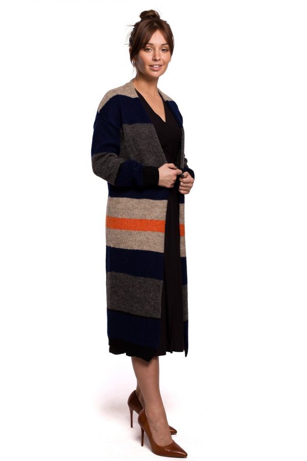 Długi sweter z w paski kolorowy kardigan z wełną bez zapięcia L/XL