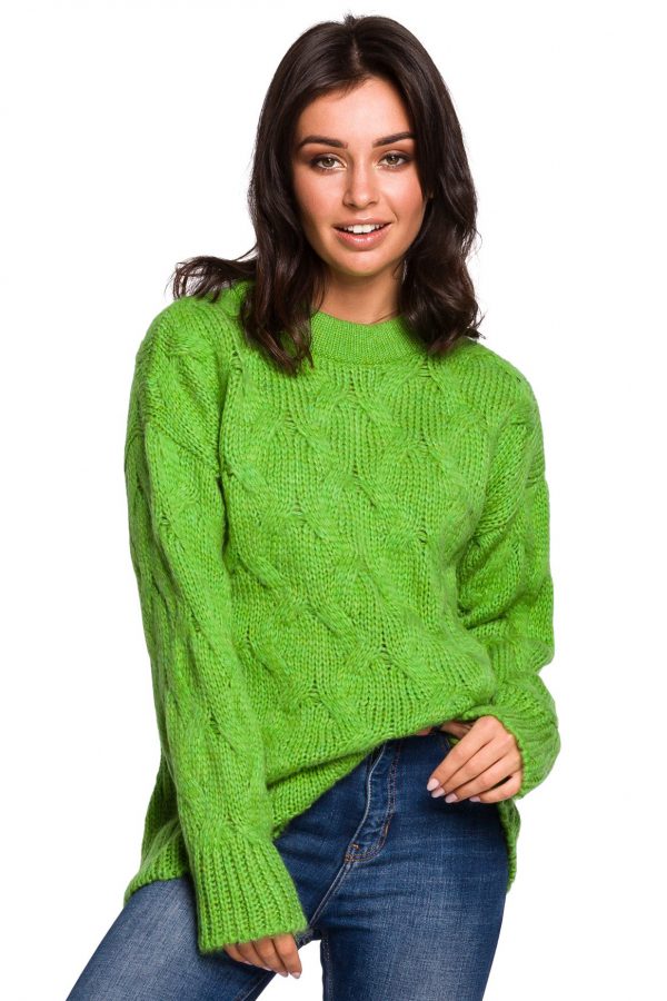 Sweter damski wełniany luźny fason ciepły puszysty zielony L/XL