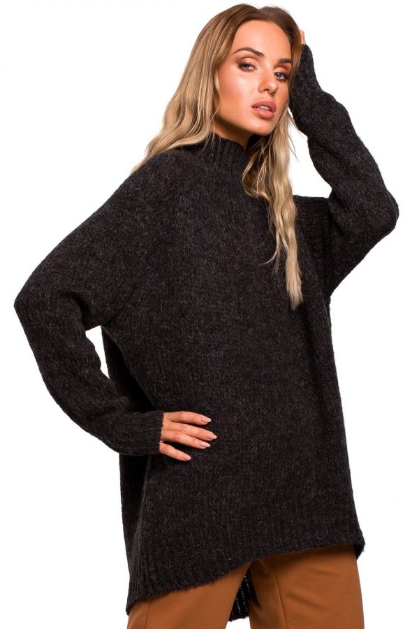 Sweter damski oversize asymetryczny sweter z wełną szary grafitowy L/XL