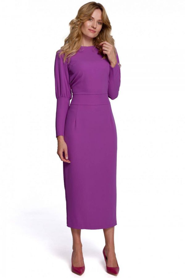 Elegancka sukienka z odkrytymi plecami fioletowa długa z rozcięciem M
