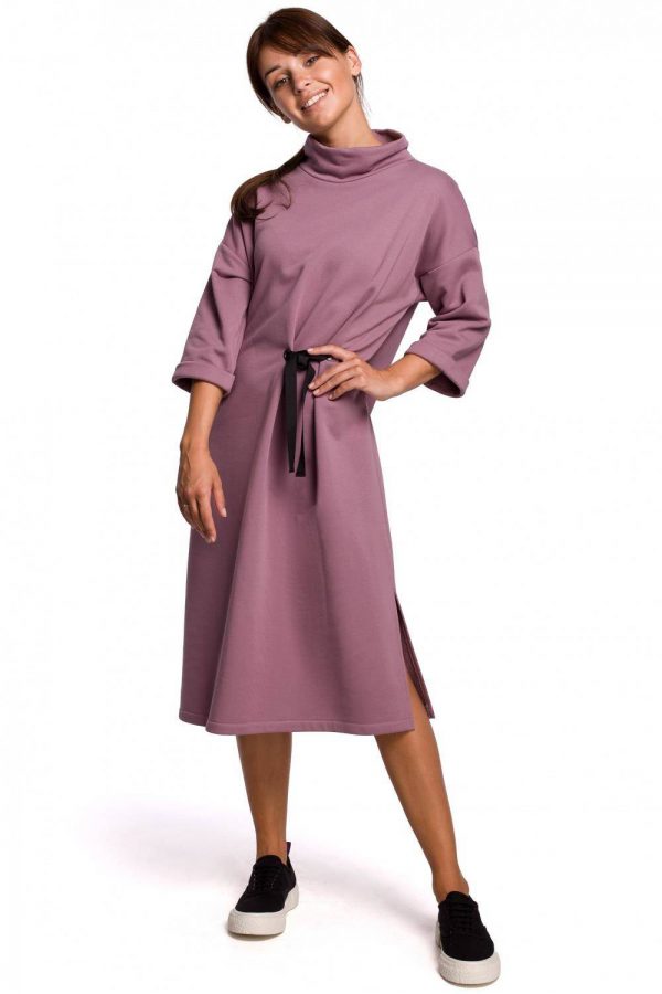 Ciepła sukienka oversize z golfem fioletowa bawełniana dzianina XXL/3XL