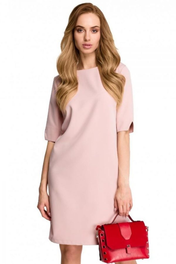 Elegancka sukienka trapezowa midi z dekoltem V z tyłu gładka różowa XL