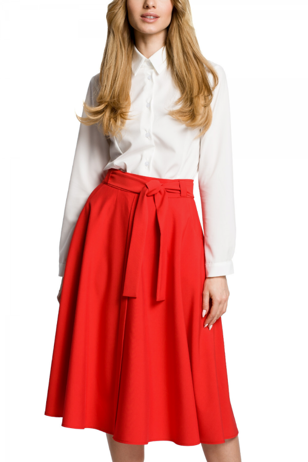 Rozkloszowana spódnica midi z kieszeniami i wiązaniem czerwona XL