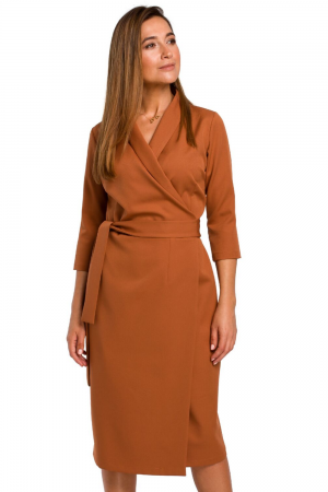 Elegancka sukienka biznesowa kopertowa midi z paskiem w talii brązowa XXL