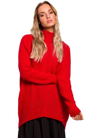 Sweter damski oversize asymetryczny sweter z wełną czerwony L/XL