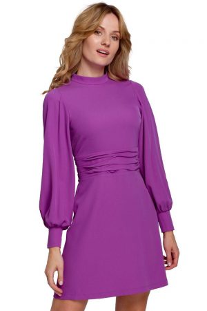 Elegancka sukienka z bufiastymi rękawami fioletowa trapezowa mini XXL