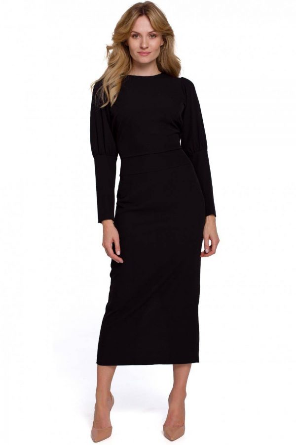 Elegancka sukienka z odkrytymi plecami czarna długa z rozcięciem S