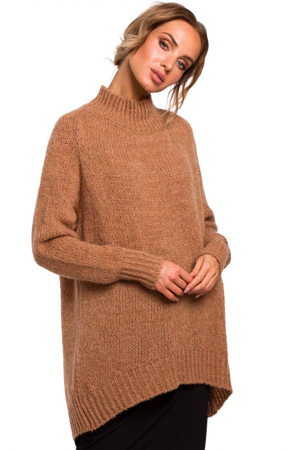 Sweter damski oversize asymetryczny sweter z wełną brązowy L/XL