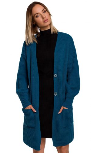 Długi kardigan sweter z kieszeniami i bufiastymi rękawami morski S/M