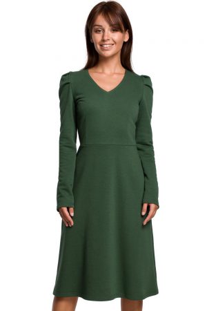 Bawełniana sukienka midi z bufiastymi rękawami i dekoltem V zielona XXL
