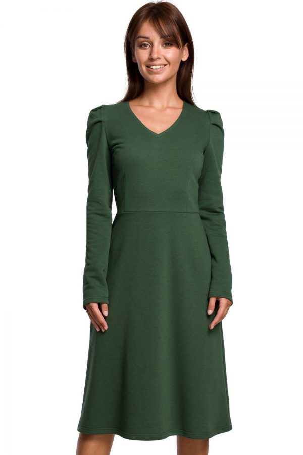 Bawełniana sukienka midi z bufiastymi rękawami i dekoltem V zielona XXL