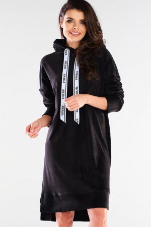 Bluzowa sukienka midi z kapturem welurowa czarna L/XL