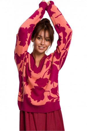 Lekki sweter z dekoltem V i wzorem w kwiaty S/M