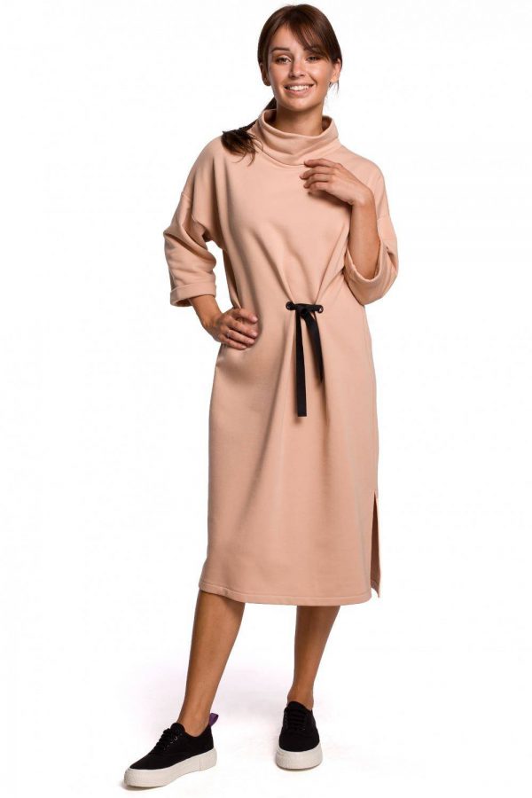 Ciepła sukienka oversize z golfem beżowa bawełniana dzianina XXL/3XL