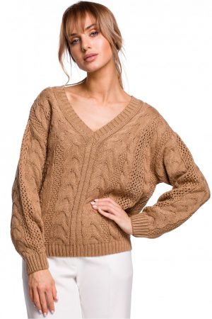 Lekki sweter damski ażurowy z dekoltem V splot w warkocz beżowy L/XL