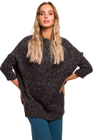 Sweter damski oversize z wełną melanżowy szary grafitowy L/XL